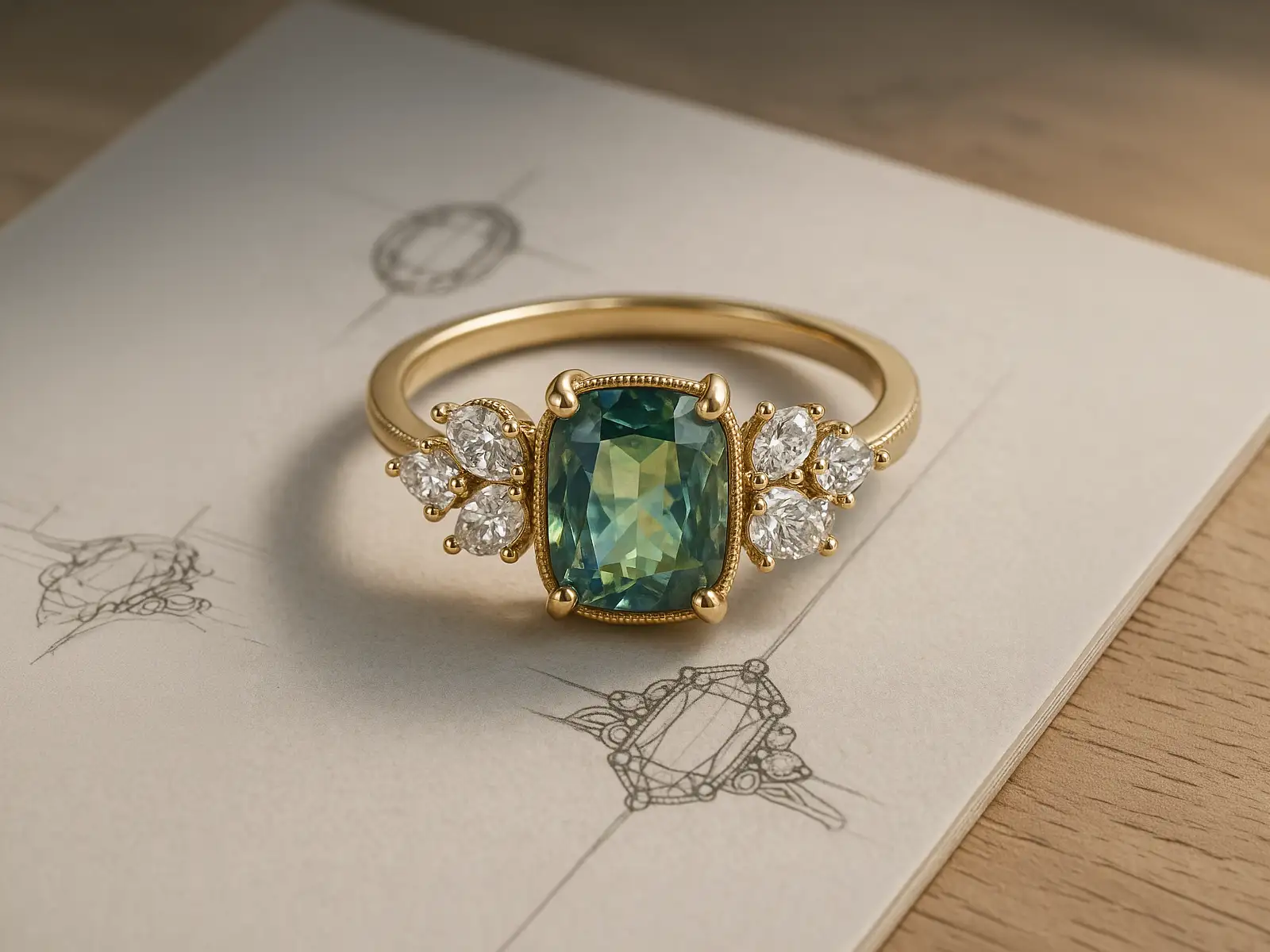 Parti sapphire cluster engagement ring on design sketches